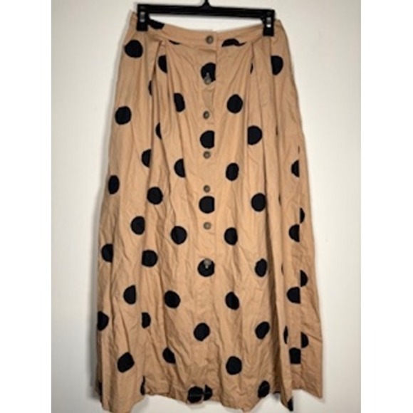 Who What Wear Dresses & Skirts - WHO WHAT WEAR Midi Skirt‎ 4 Tan Black Polka Dot Button Front Cotton Retro A-Line